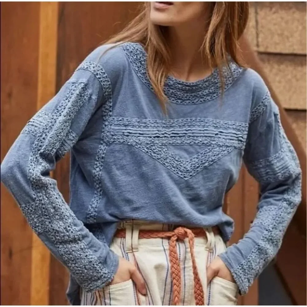 Free People Womens Boy Meets Girl Crochet Long Sleeve Top Pacific Coast‎ XS NWT